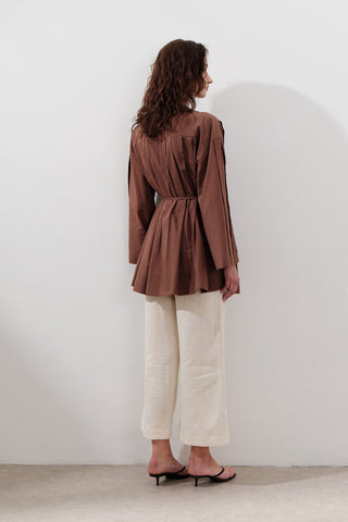 Pleated Wide-Sleeve Tunic Warm Brown
