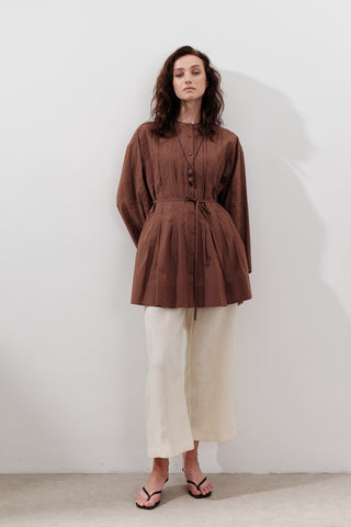 Pleated Wide-Sleeve Tunic Warm Brown