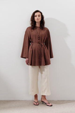 Pleated Wide-Sleeve Tunic Warm Brown