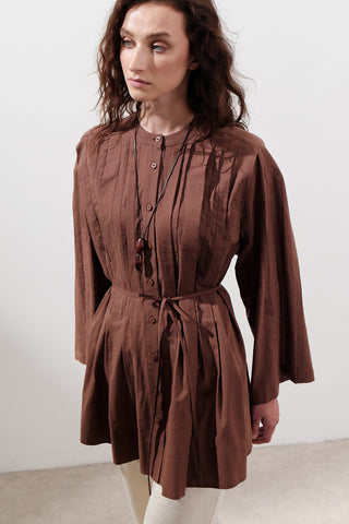 Pleated Wide-Sleeve Tunic Warm Brown
