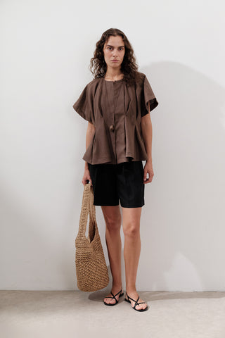 Pleated Linen Vest Dusty Brown