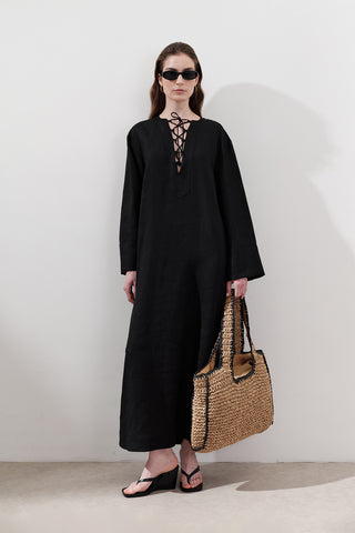 Linen Tie Detail Dress Black