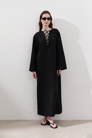 Linen Tie Detail Dress Black