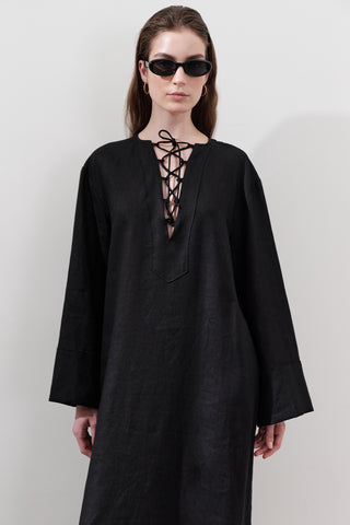 Linen Tie Detail Dress Black