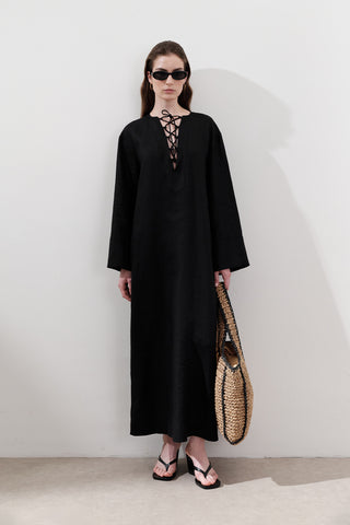 Linen Tie Detail Dress Black