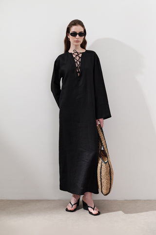 Linen Tie Detail Dress Black