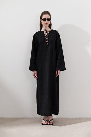Linen Tie Detail Dress Black