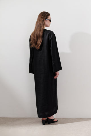 Linen Tie Detail Dress Black