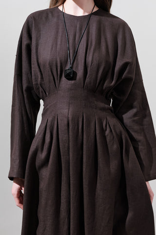 Linen Pleat Detail Dress Dark Brown