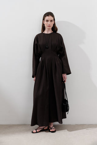 Linen Pleat Detail Dress Dark Brown