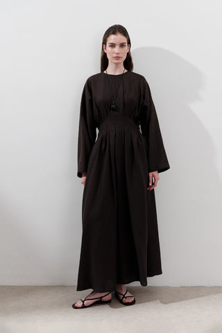 Linen Pleat Detail Dress Dark Brown