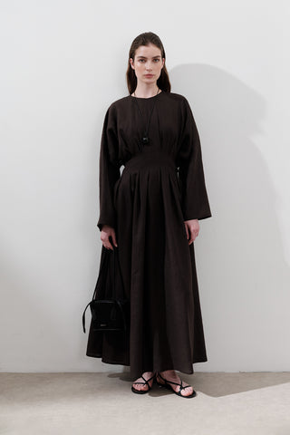 Linen Pleat Detail Dress Dark Brown