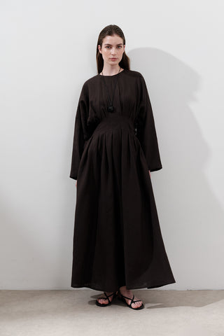 Linen Pleat Detail Dress Dark Brown