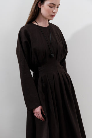 Linen Pleat Detail Dress Dark Brown