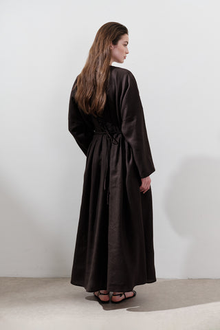 Linen Pleat Detail Dress Dark Brown