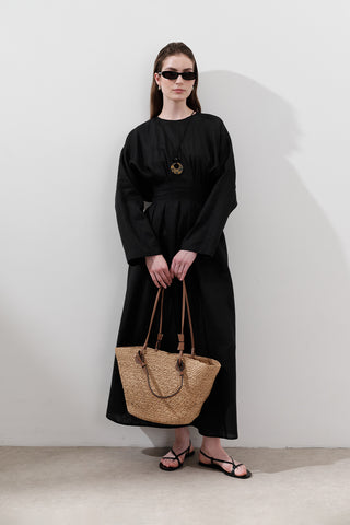 Linen Pleat Detail Dress Black