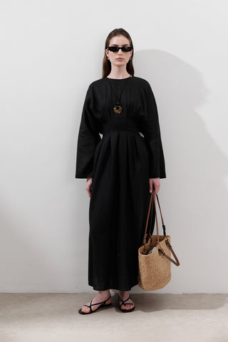 Linen Pleat Detail Dress Black