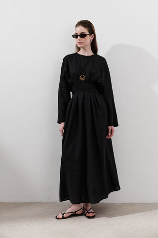 Linen Pleat Detail Dress Black