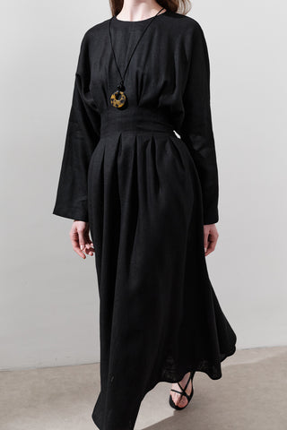 Linen Pleat Detail Dress Black