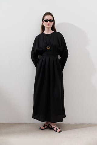Linen Pleat Detail Dress Black