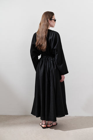 Linen Pleat Detail Dress Black
