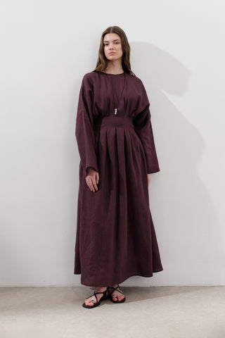 Linen Pleat Detail Dress Damson
