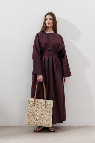 Linen Pleat Detail Dress Damson