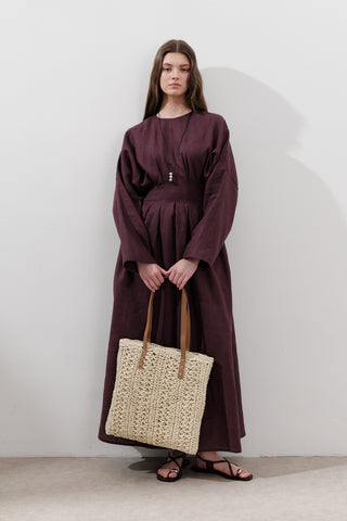 Linen Pleat Detail Dress Damson