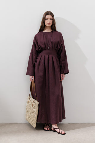 Linen Pleat Detail Dress Damson