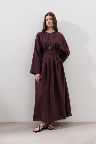 Linen Pleat Detail Dress Damson