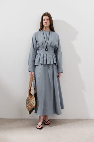 Crossover Tie Linen Blouse Blue