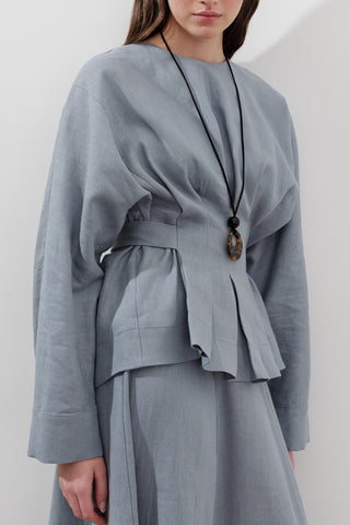 Crossover Tie Linen Blouse Blue