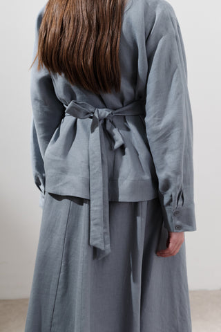 Çapraz Bağlamalı Keten Bluz Mavi