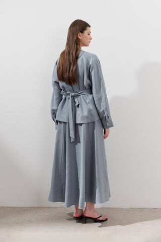 Crossover Tie Linen Blouse Blue