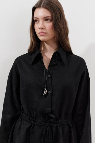 Keten Bel Bağlamalı Tunik Siyah