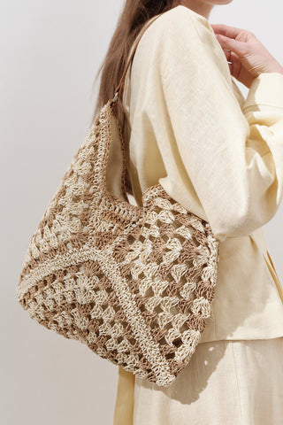 Patterned Straw Handbag Beige