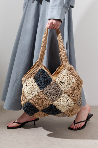 Patterned Patchwork Straw Bag Indigo
