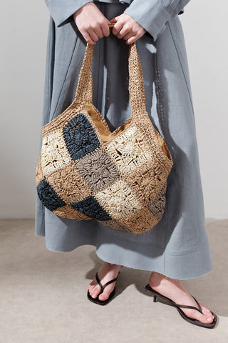 Patterned Patchwork Straw Bag Indigo