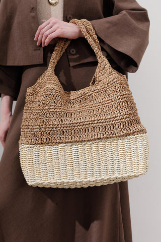 Two-Tone Straw Shoulder Bag Natural