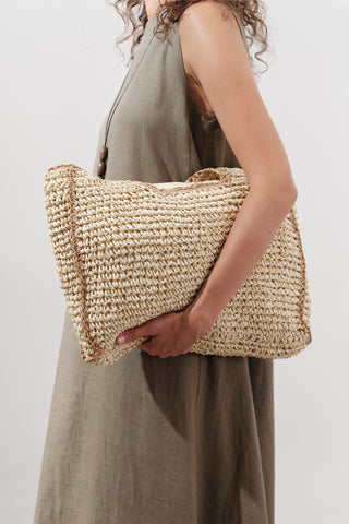 Contrast-Detail Straw Bag Beige