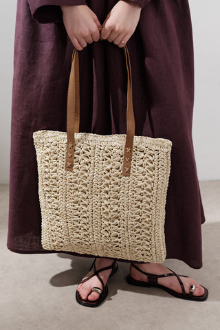 Patterned Straw Shoulder Bag Beige