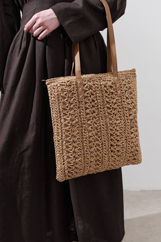 Patterned Straw Shoulder Bag Natural
