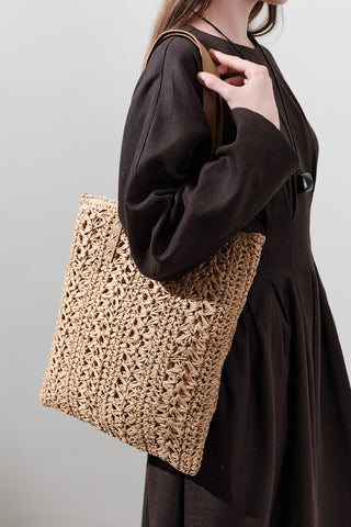 Patterned Straw Shoulder Bag Natural