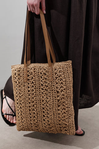 Patterned Straw Shoulder Bag Natural