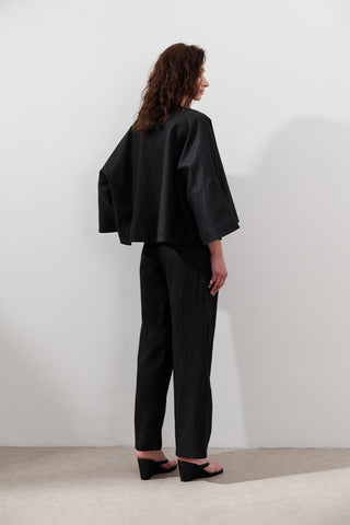 Short Linen Jacket With Wide Sleeves Black