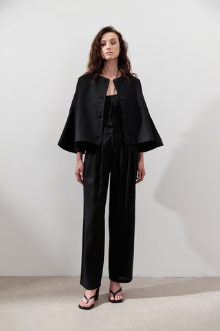 Pleated Wide-Leg Linen Trousers Black