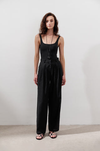 Pleated Wide-Leg Linen Trousers Black
