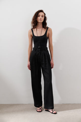Pleated Wide-Leg Linen Trousers Black