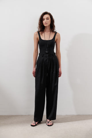 Pleated Wide-Leg Linen Trousers Black