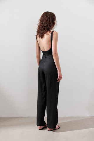 Pleated Wide-Leg Linen Trousers Black